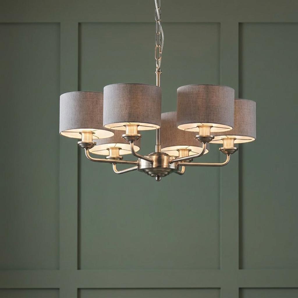 Endon Highclere Brushed Chrome 6 Arm Pendant - Natural Linen Shades-OB-180926
