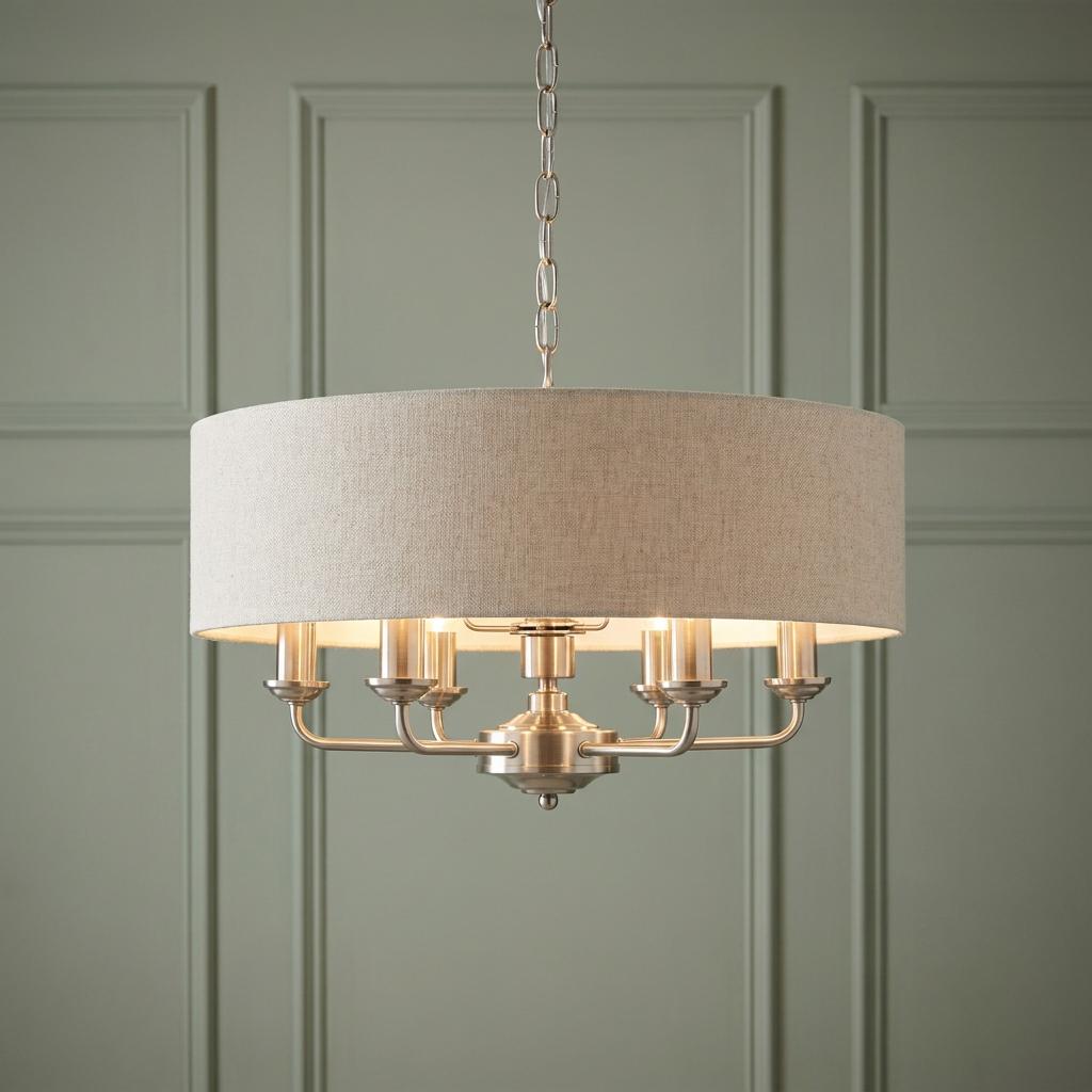 Endon Highclere Brushed Chrome 6 Light Pendant - Natural Linen Shade-OPEN-BOX-50-270826