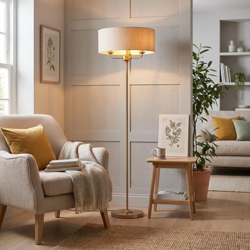 Endon Highclere vintage brass floor lamp with a linen shade lit in a cozy living room setting.