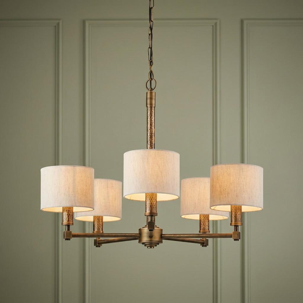 Aged bronze 5-light ceiling pendant with cream fabric shades and hammered metal details against a sage green wall.
