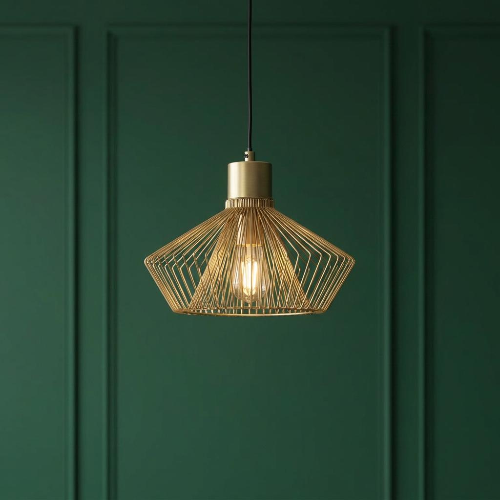 Gold geometric cage pendant light illuminated against a dark green paneled wall.
