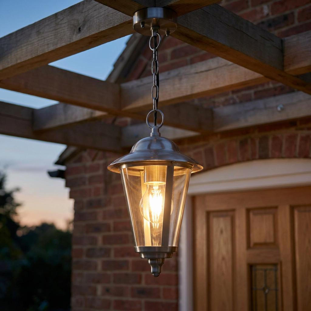 Polished stainless steel outdoor pendant lantern hanging from a wooden pergola at dusk.