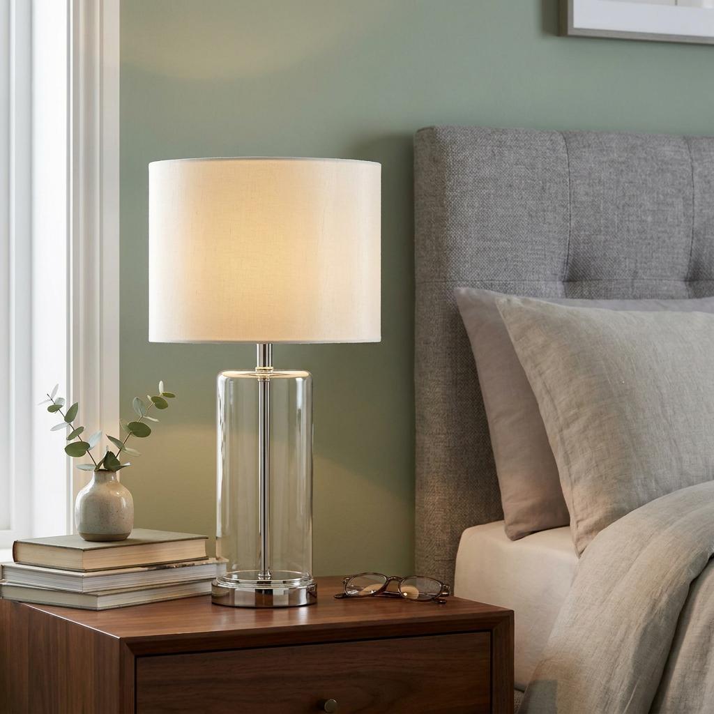 Endon Lessina touch table lamp with clear glass base and white shade illuminated on a wooden bedside table.