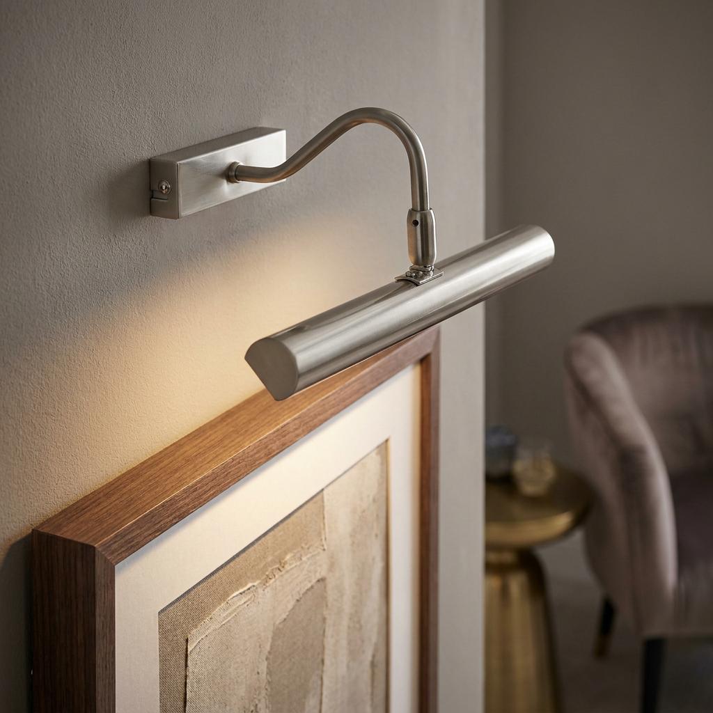 Satin nickel LED picture light with a curved arm illuminating a framed artwork on a neutral wall.