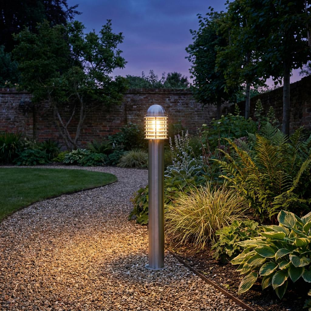 A stainless steel bollard light illuminates a gravel garden path and lush green plants at dusk.