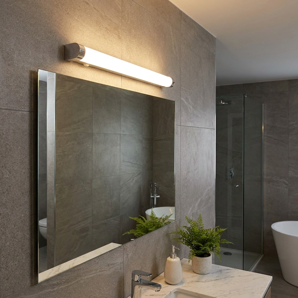 Modern chrome bathroom wall light with a glowing cylindrical shade mounted above a frameless mirror.