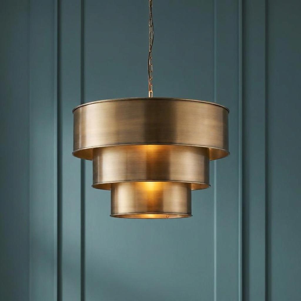 Three-tiered aged brass pendant light emitting a warm glow against a teal paneled wall.