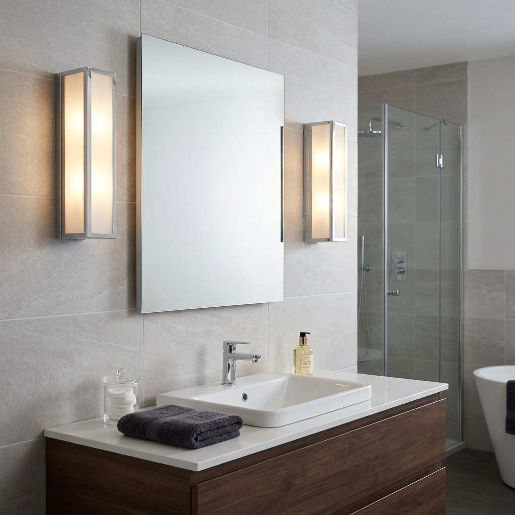 Two modern chrome wall lights with frosted glass panels mounted beside a square mirror in a contemporary bathroom.
