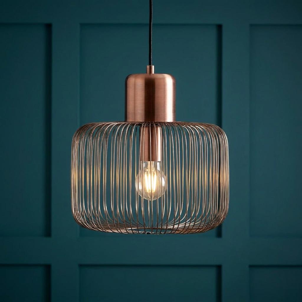 Antique copper wire cage pendant light with a glowing bulb against a teal paneled wall.