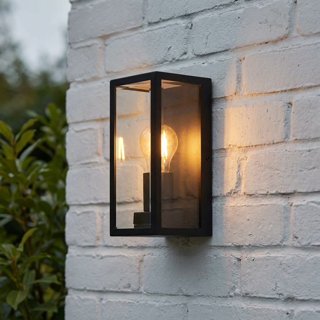 Black rectangular outdoor wall lantern with a glowing bulb mounted on a white brick wall.