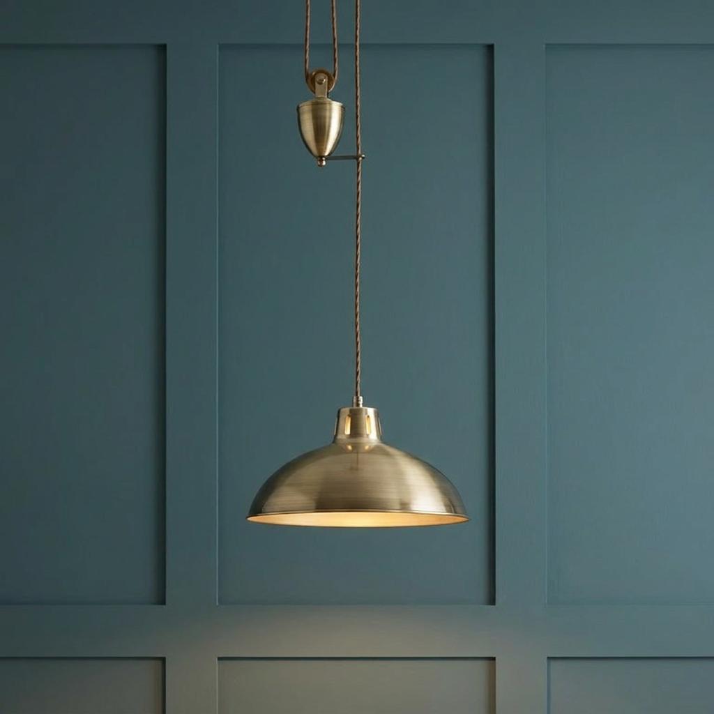 Antique brass rise and fall pendant light with a dome shade against a dark teal paneled wall.