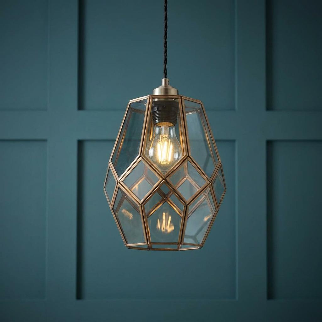 Geometric brass and glass pendant shade illuminated by an Edison bulb against a dark teal paneled wall.
