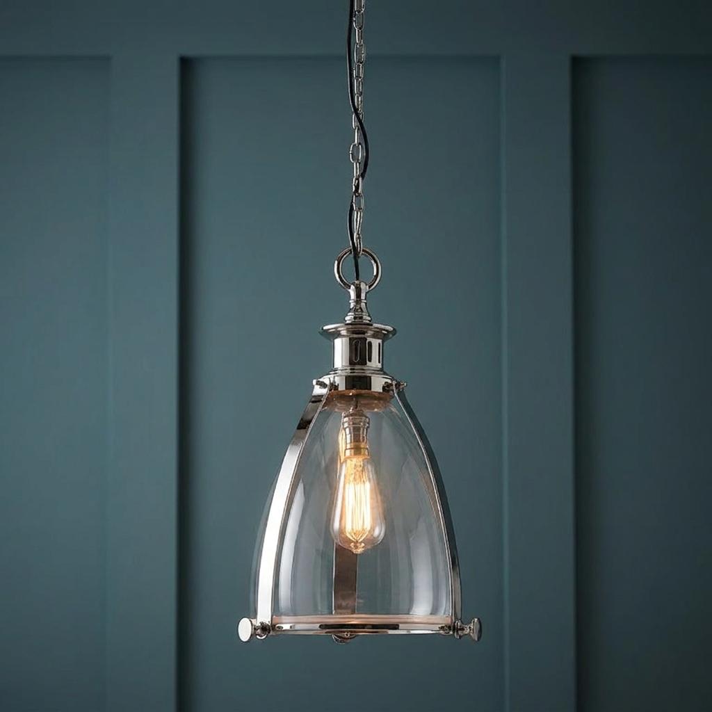 Matt nickel pendant light with a clear bell-shaped glass shade and glowing Edison bulb against a dark teal wall.