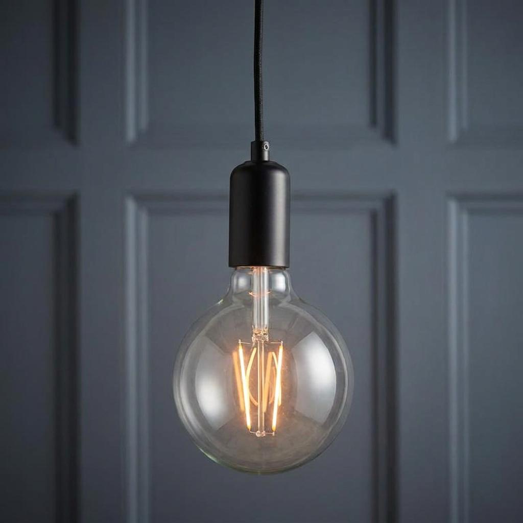 Minimalist black pendant light with a large clear spherical filament bulb against a dark blue paneled wall.