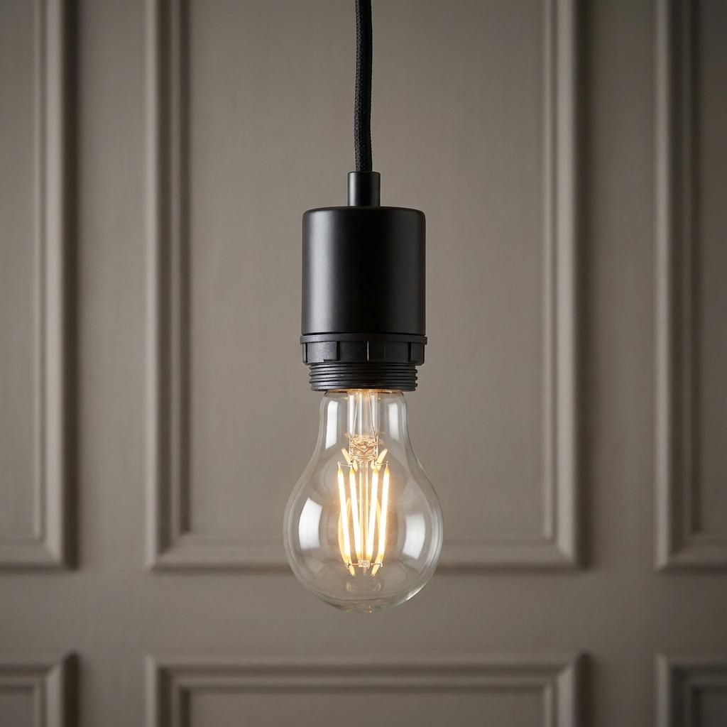Minimalist black pendant light fixing with a clear filament bulb glowing against a paneled wall.