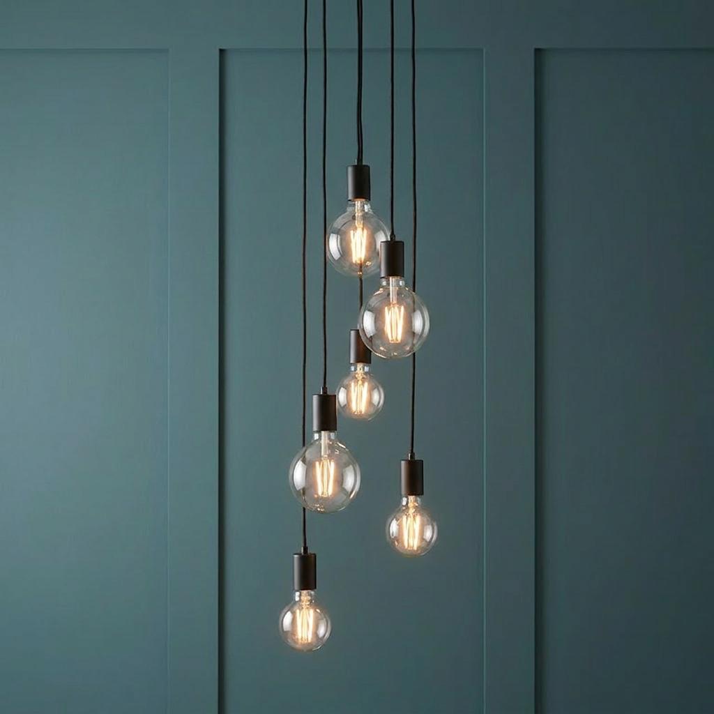 Six black pendant lights with clear globe bulbs hang at staggered heights against a teal paneled wall.