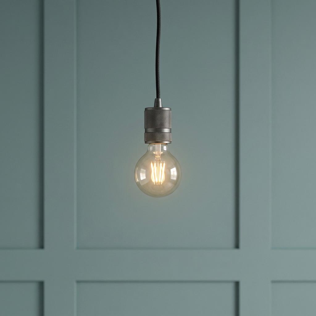Industrial pendant light with a textured metal socket and glowing filament bulb against a teal paneled wall.