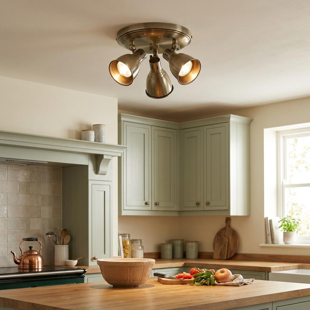 Antique brass 3-light spotlight fixture mounted on a kitchen ceiling, illuminating green cabinets and wooden counters.