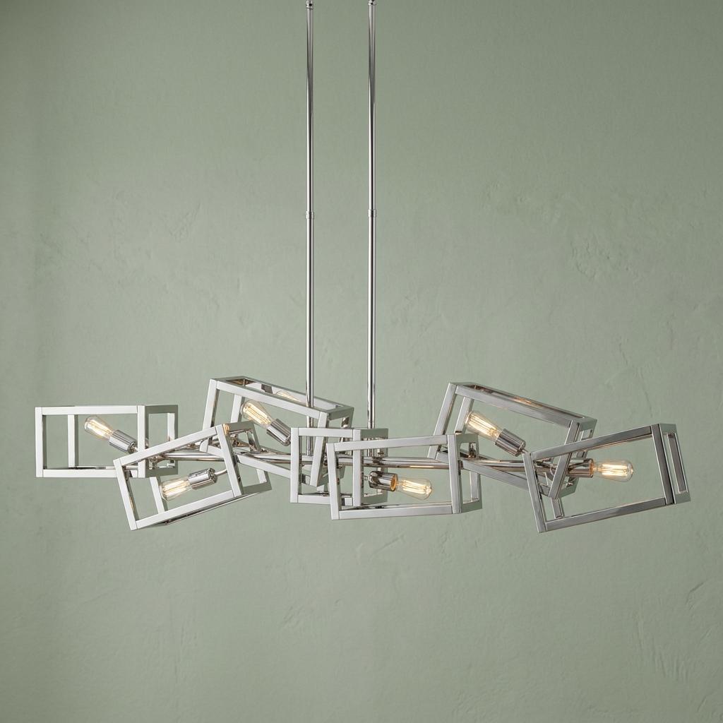 Modern 6-light polished nickel pendant featuring interlocking rectangular frames against a pale green wall.