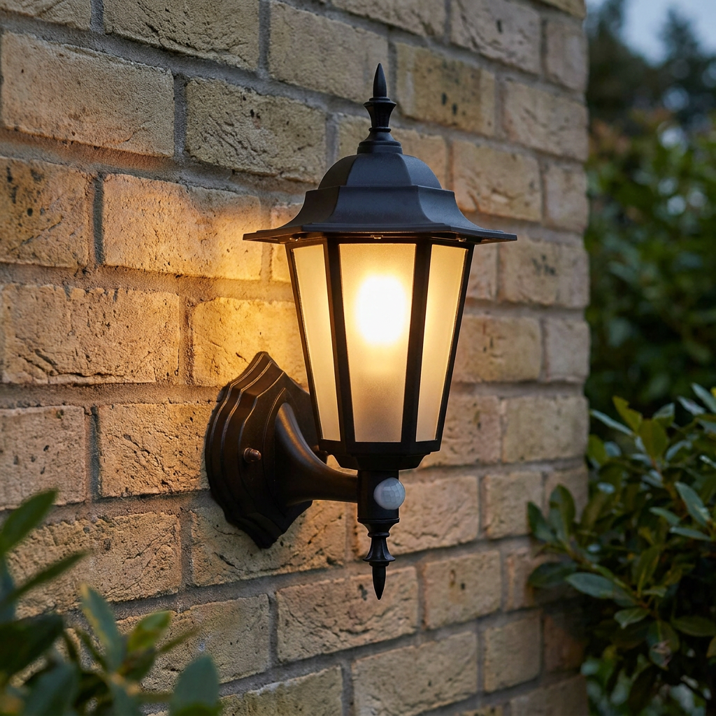 Traditional black lantern outdoor wall light with a PIR sensor, glowing on a brick wall.
