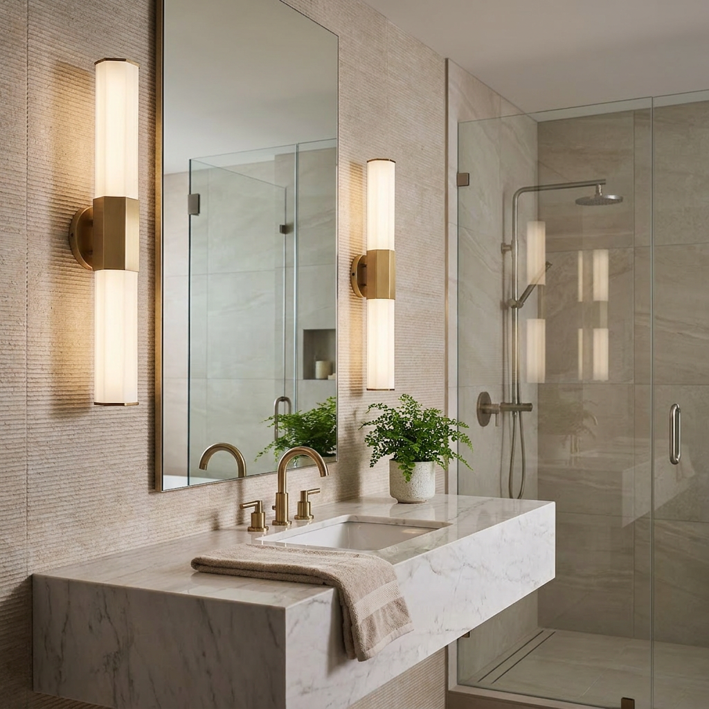 Two Facet Duel LED brass wall lights with white diffusers flanking a mirror in a modern bathroom.