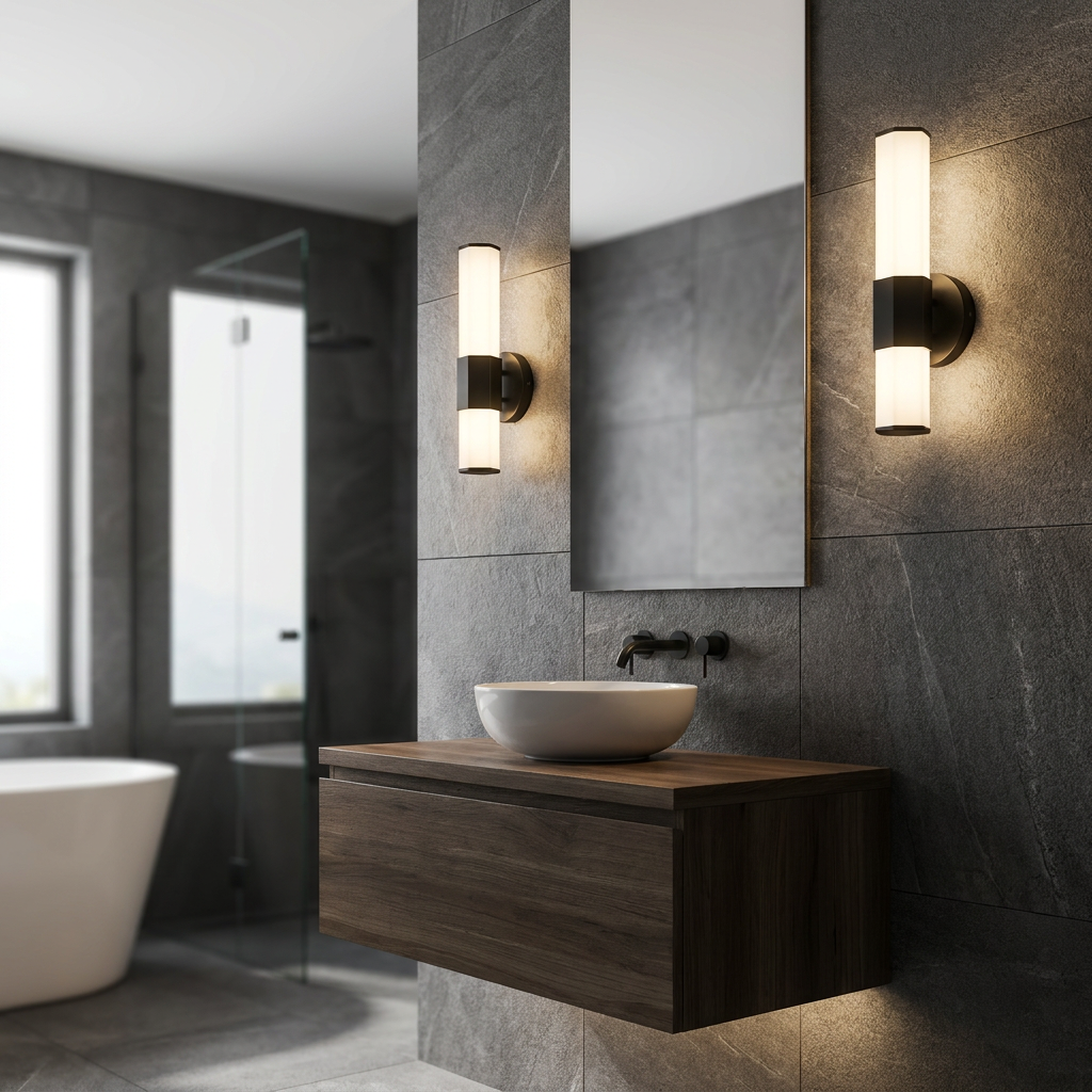 Two Facet Single LED Black Bathroom Wall Lights flanking a mirror in a contemporary grey-tiled bathroom.