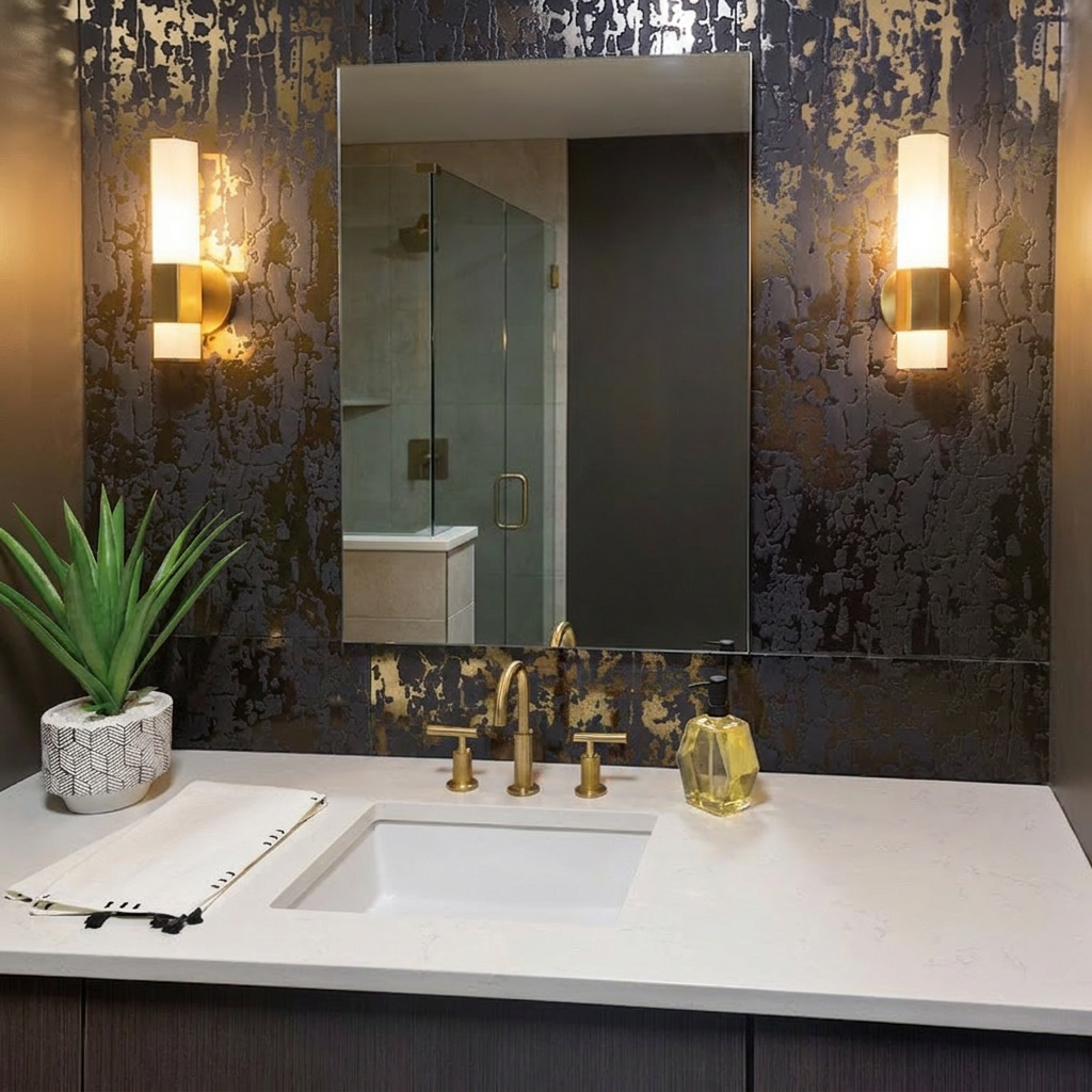 Pair of brass and frosted glass wall lights flanking a bathroom mirror on a textured dark and gold wall.