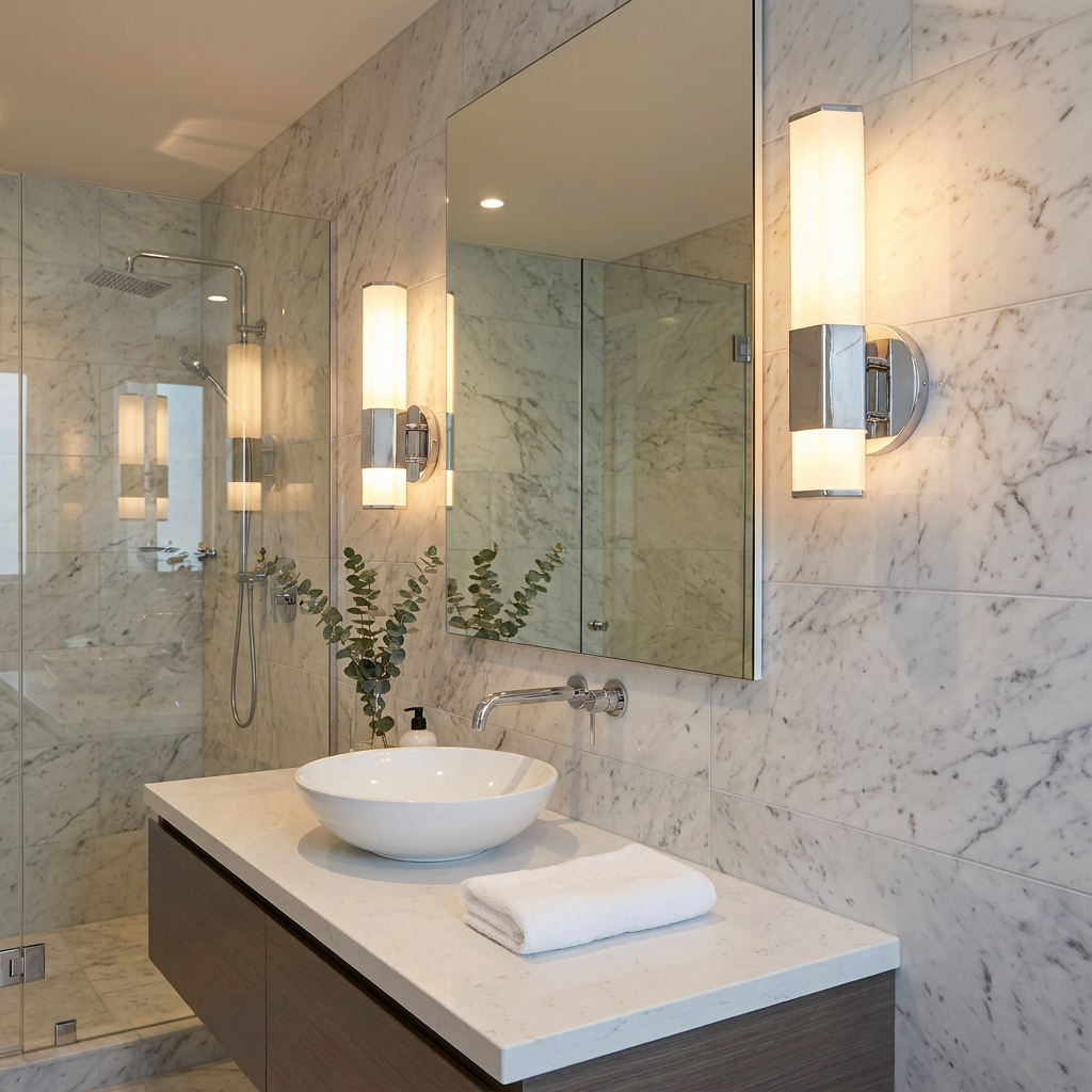 Two modern LED wall lights with frosted glass and polished chrome flanking a bathroom mirror above a white vessel sink.
