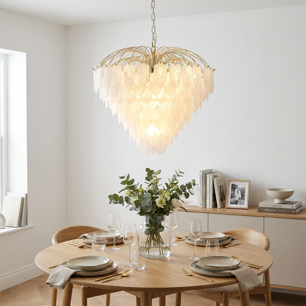 A large Feather 10 Light Chandelier with frosted glass panels hangs illuminated above a set wooden dining table.