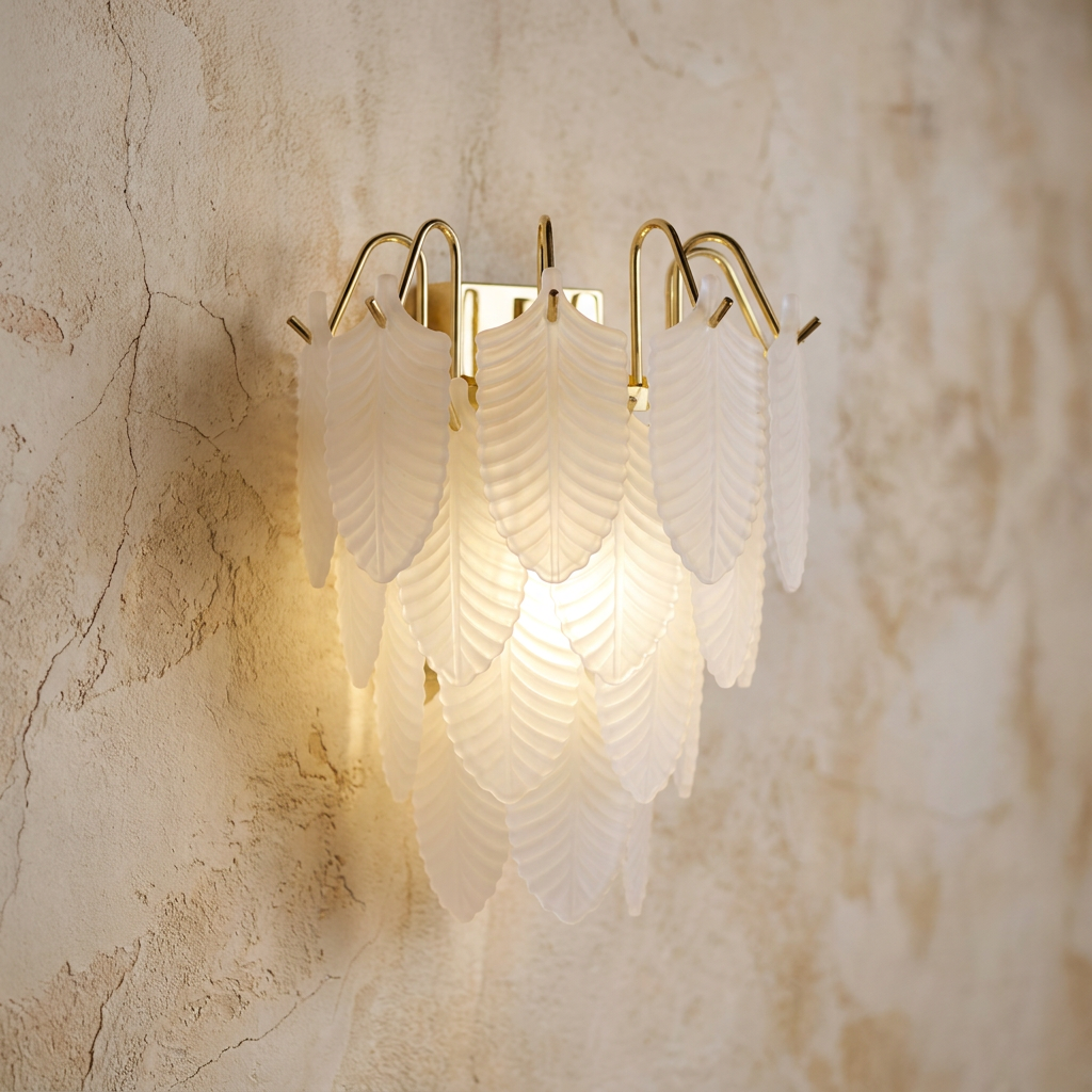 An elegant wall light featuring frosted glass feathers and polished brass hardware on a textured beige wall.