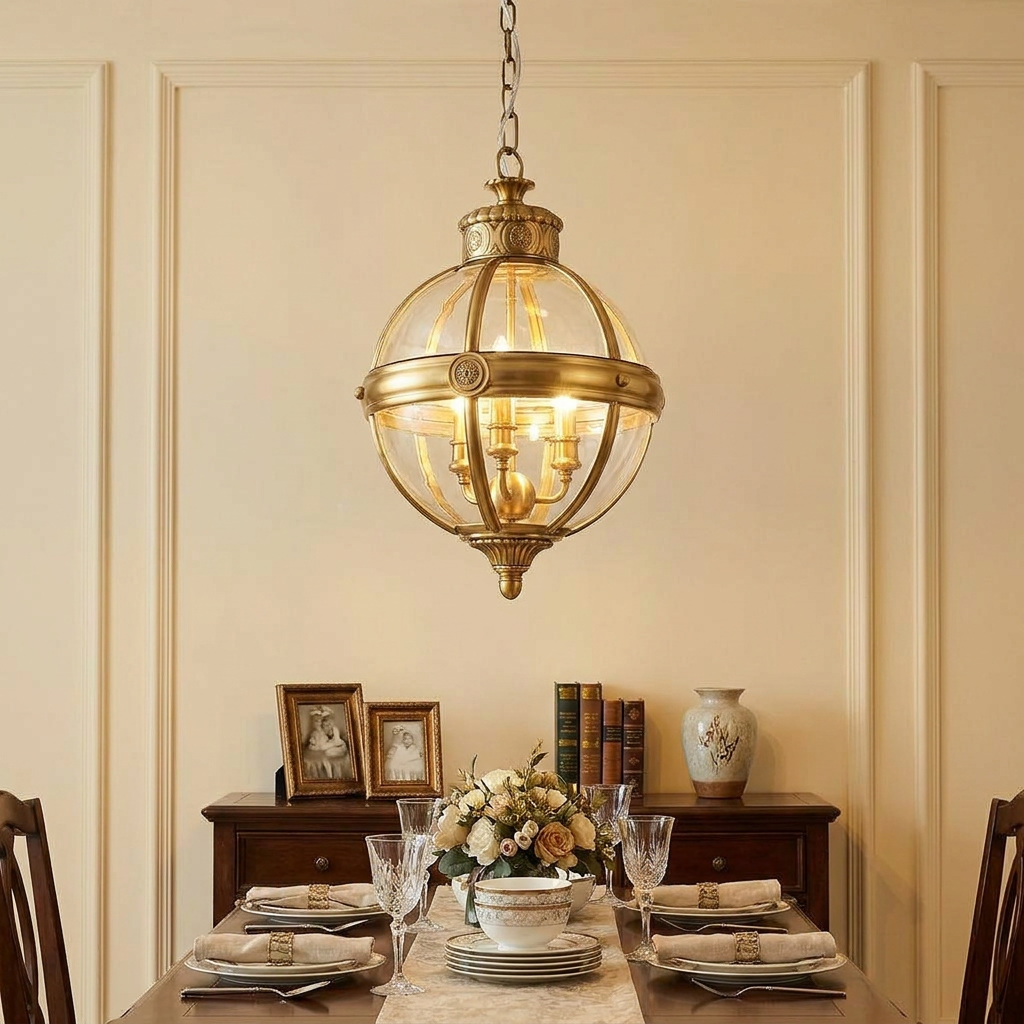 A Feiss Adams 3-light brushed brass pendant chandelier hangs above a set dining table in a classic room.