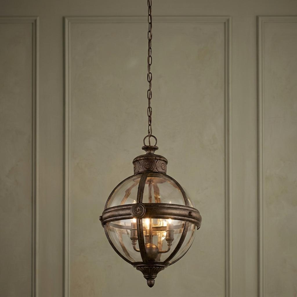 Three-light bronze ceiling lantern with a clear glass globe hanging against a neutral paneled wall.