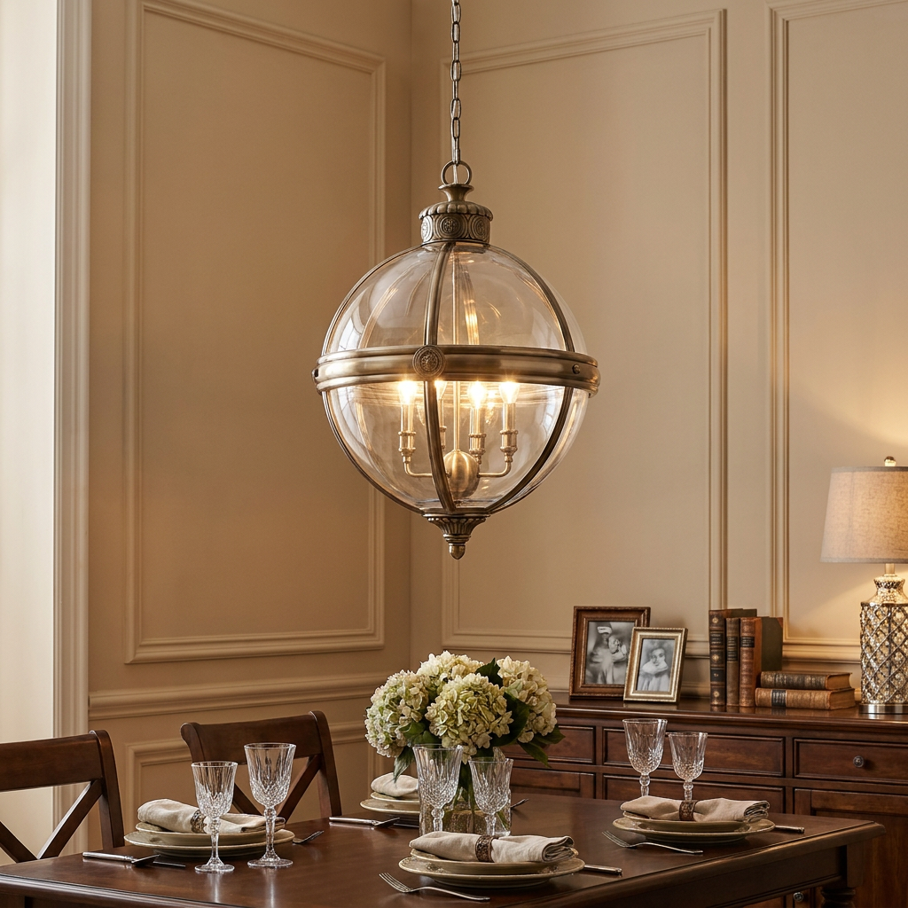 Feiss Adams 4-light globe lantern in antique nickel hanging over an elegant dining room table set for a meal.