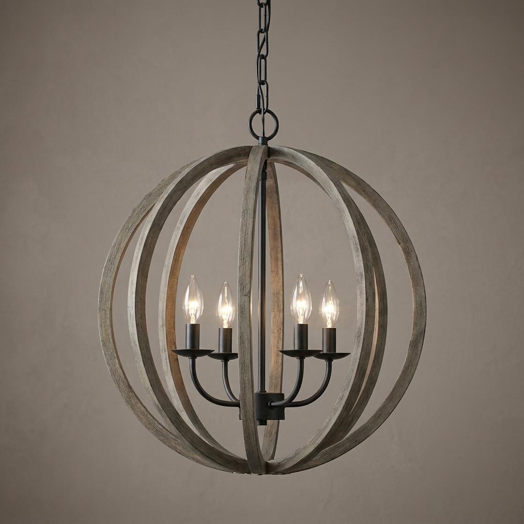 Feiss Allier four-light ceiling lantern with a weathered wood orb frame and black metal accents.