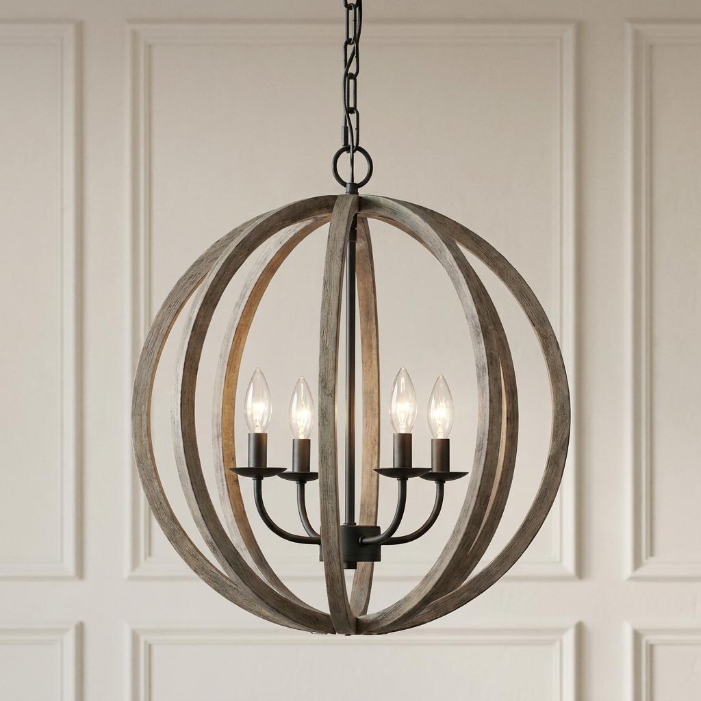 Feiss Allier 4-light sphere pendant with weathered oak wood bands and lit candelabra bulbs against a paneled wall.