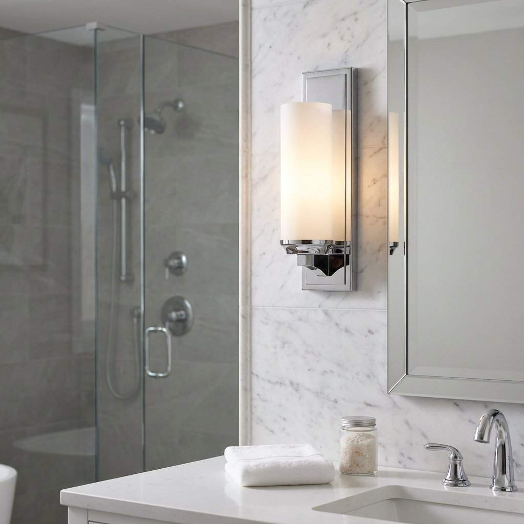 Chrome Feiss Amalia wall light with a glowing cylindrical shade mounted on a marble bathroom wall next to a mirror.