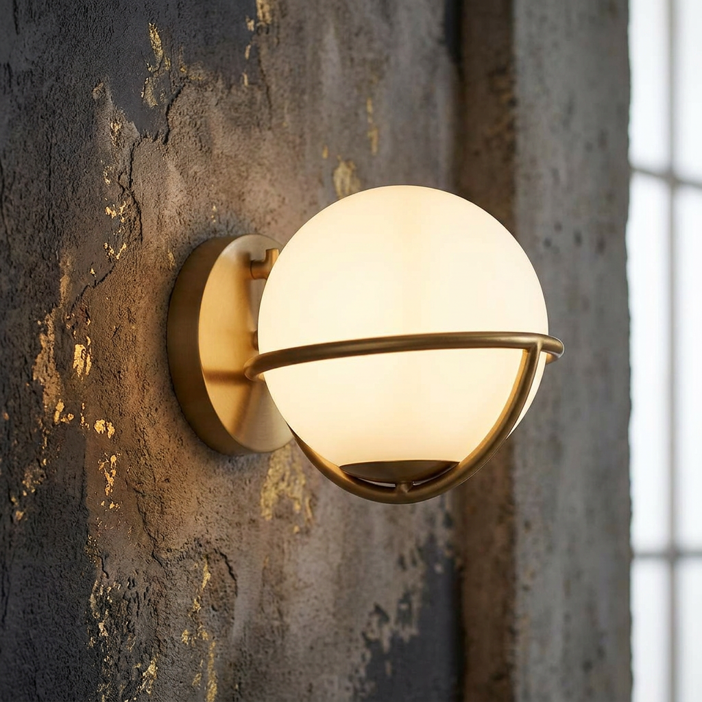 Feiss Apollo wall light with an opal glass globe and burnished brass ring on a textured dark wall.
