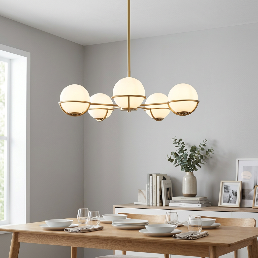 Feiss Apollo 5 light chandelier in burnished brass with white glass globes over a modern wooden dining table.