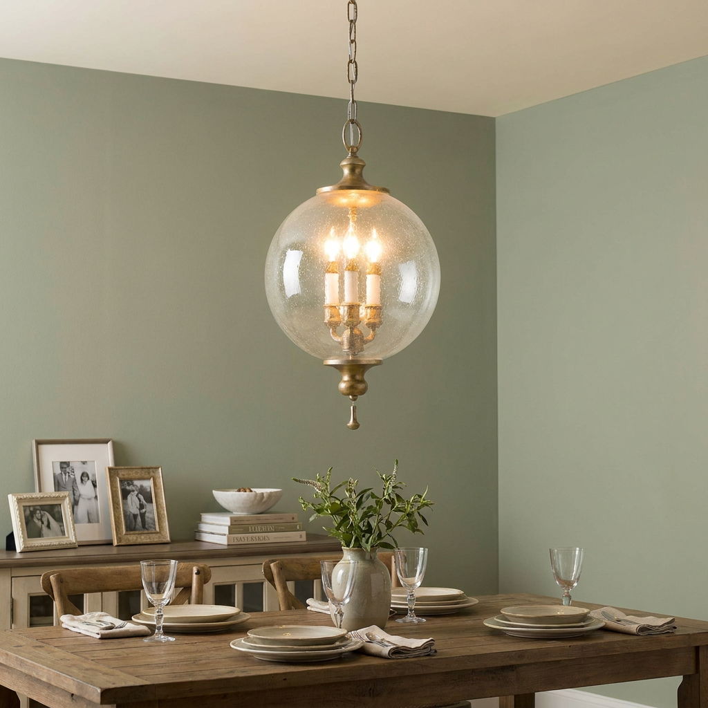 Feiss Argento globe lantern in oxidized silver leaf hanging over a dining table in a sage green room.