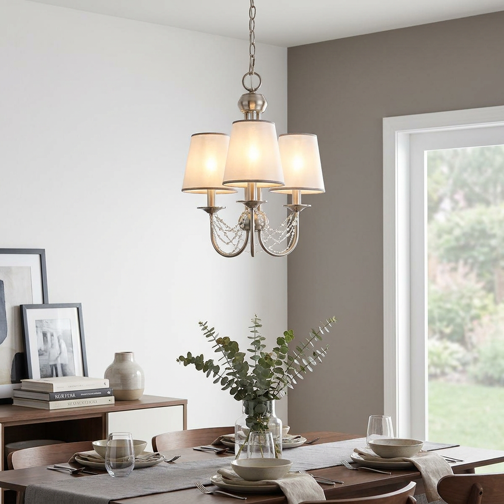 Feiss Aveline 3-light brushed steel chandelier with white fabric shades and crystal accents over a dining table.