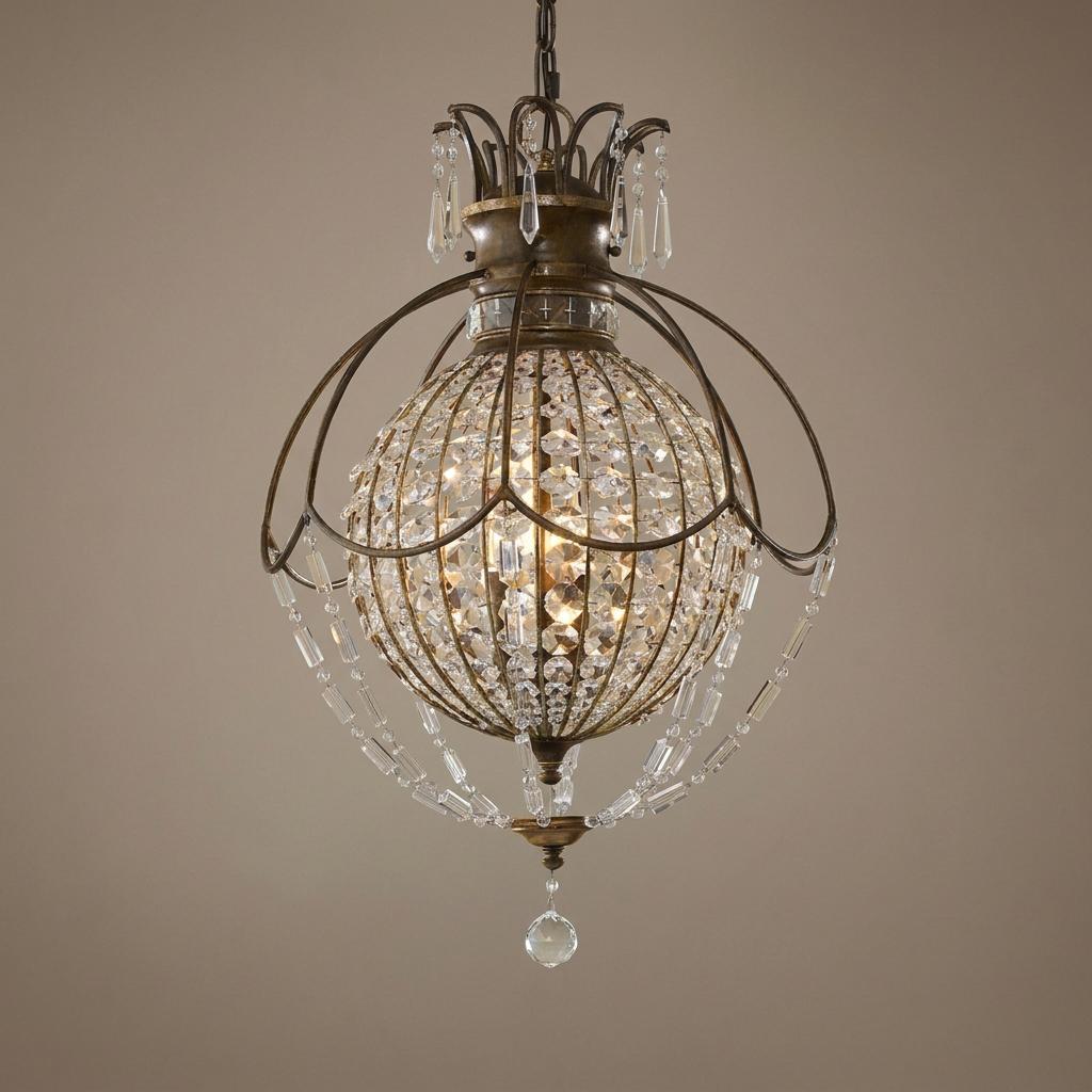 Feiss Bellini 3-light bronze pendant light with a crystal globe and draped accents against a neutral wall.