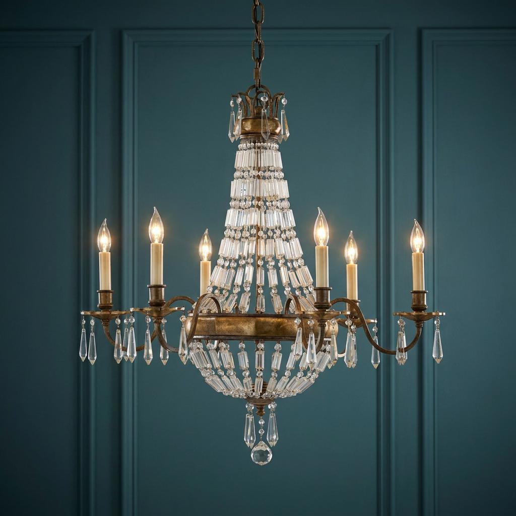 Feiss Bellini 6-light bronze chandelier with cascading quartz crystals against a dark teal paneled wall.