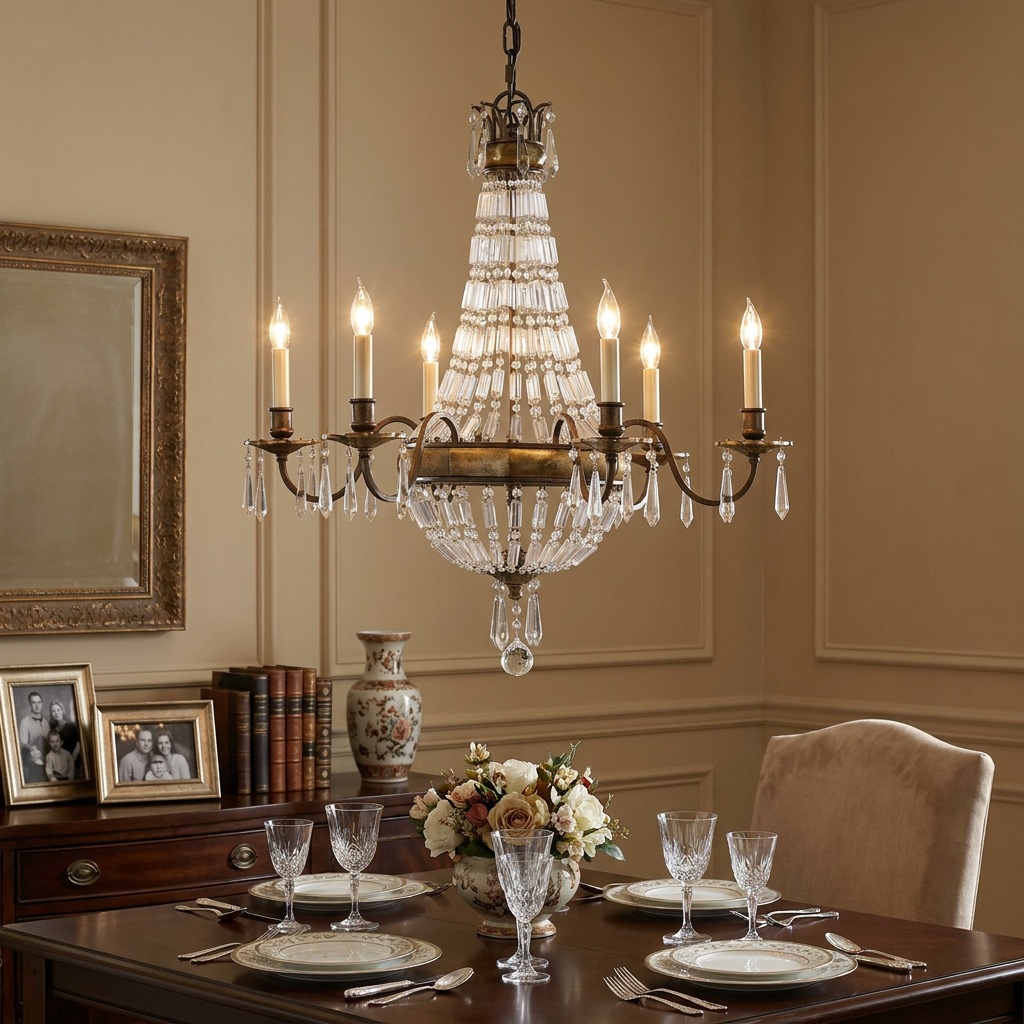 Elegant bronze chandelier with quartz crystal beads hanging over a formally set dining table in a classic room.