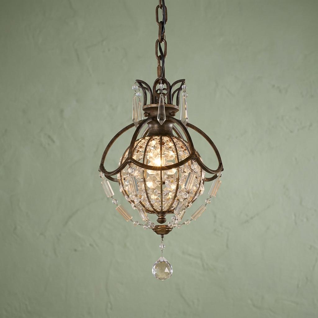 Feiss Bellini mini pendant light with crystal globe and bronze metal frame against a textured green wall.