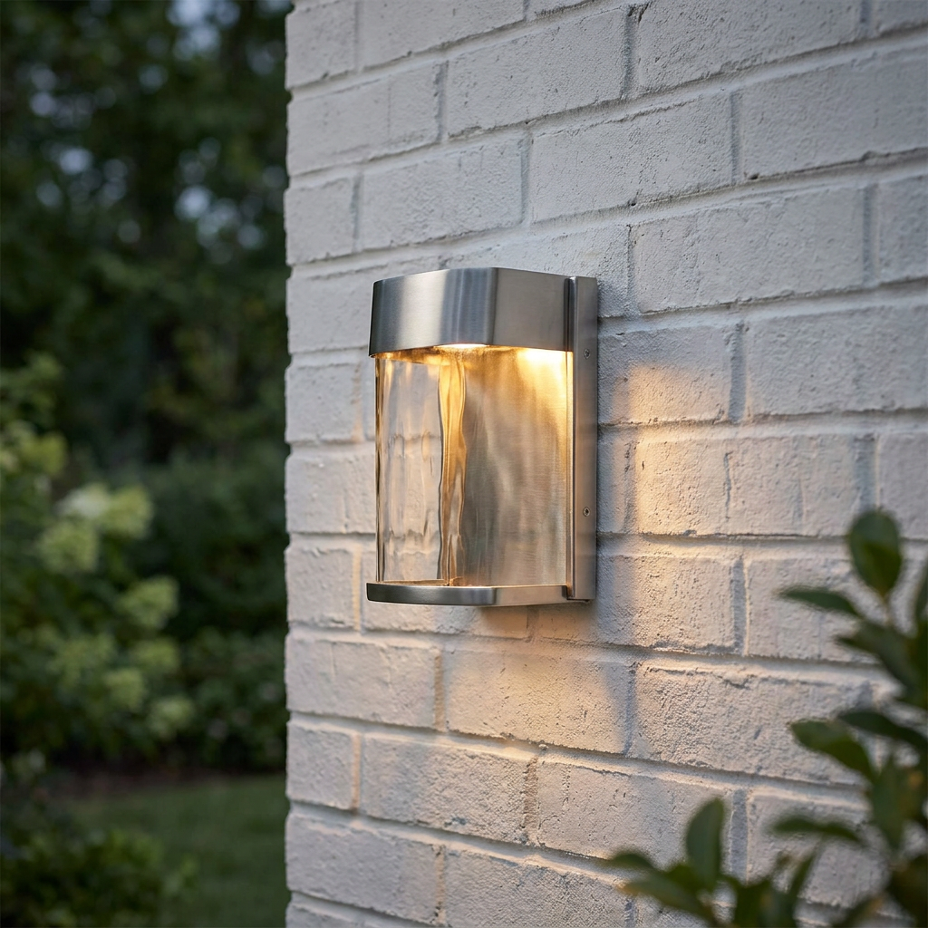 Illuminated Feiss Bennie steel outdoor wall light with wavy glass mounted on a white brick wall.