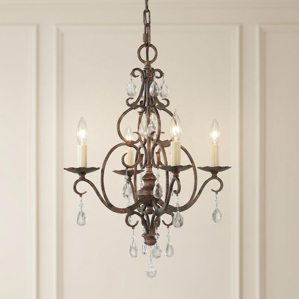 Four-light mocha bronze chandelier with scrollwork and clear crystal drops hanging against a neutral paneled wall.