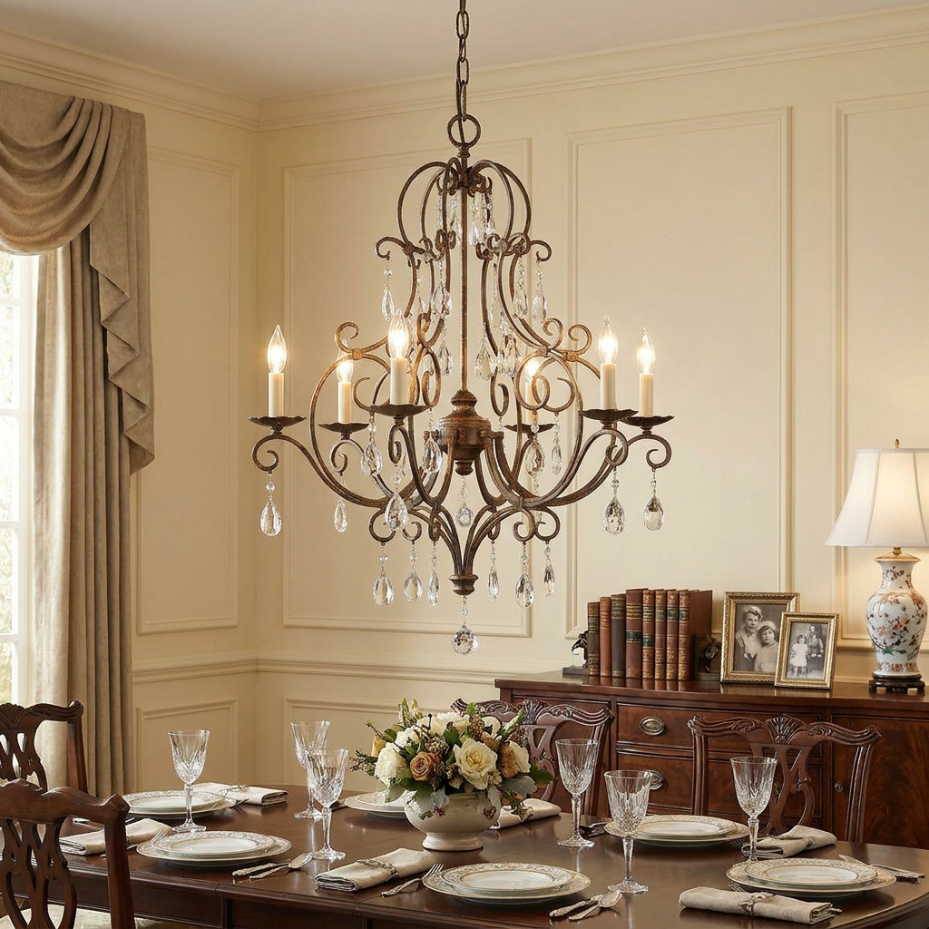 An ornate Feiss Chateau bronze 6-light chandelier with crystal drops hanging above a set dining table.