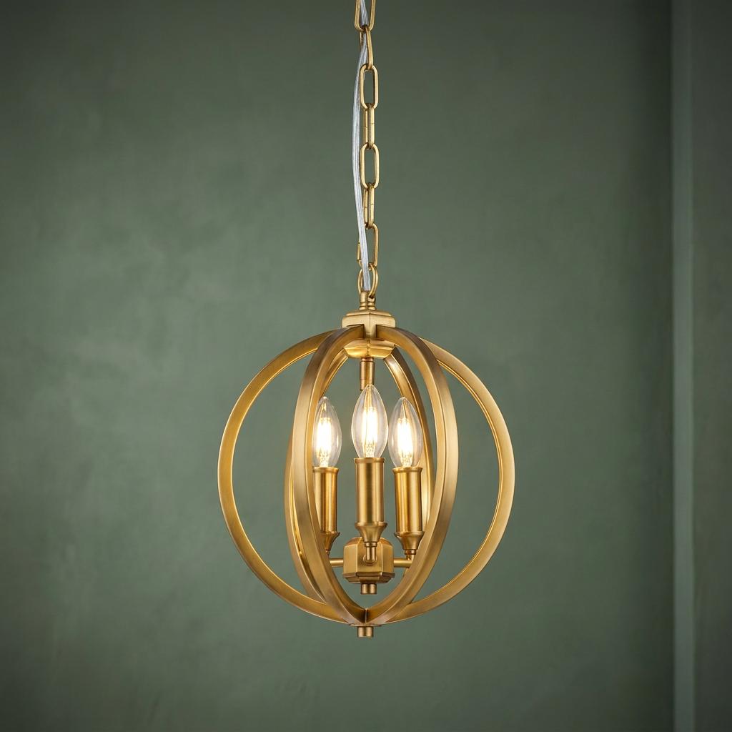 Small brass orb pendant with three lit candle bulbs hanging against a dark green textured wall.
