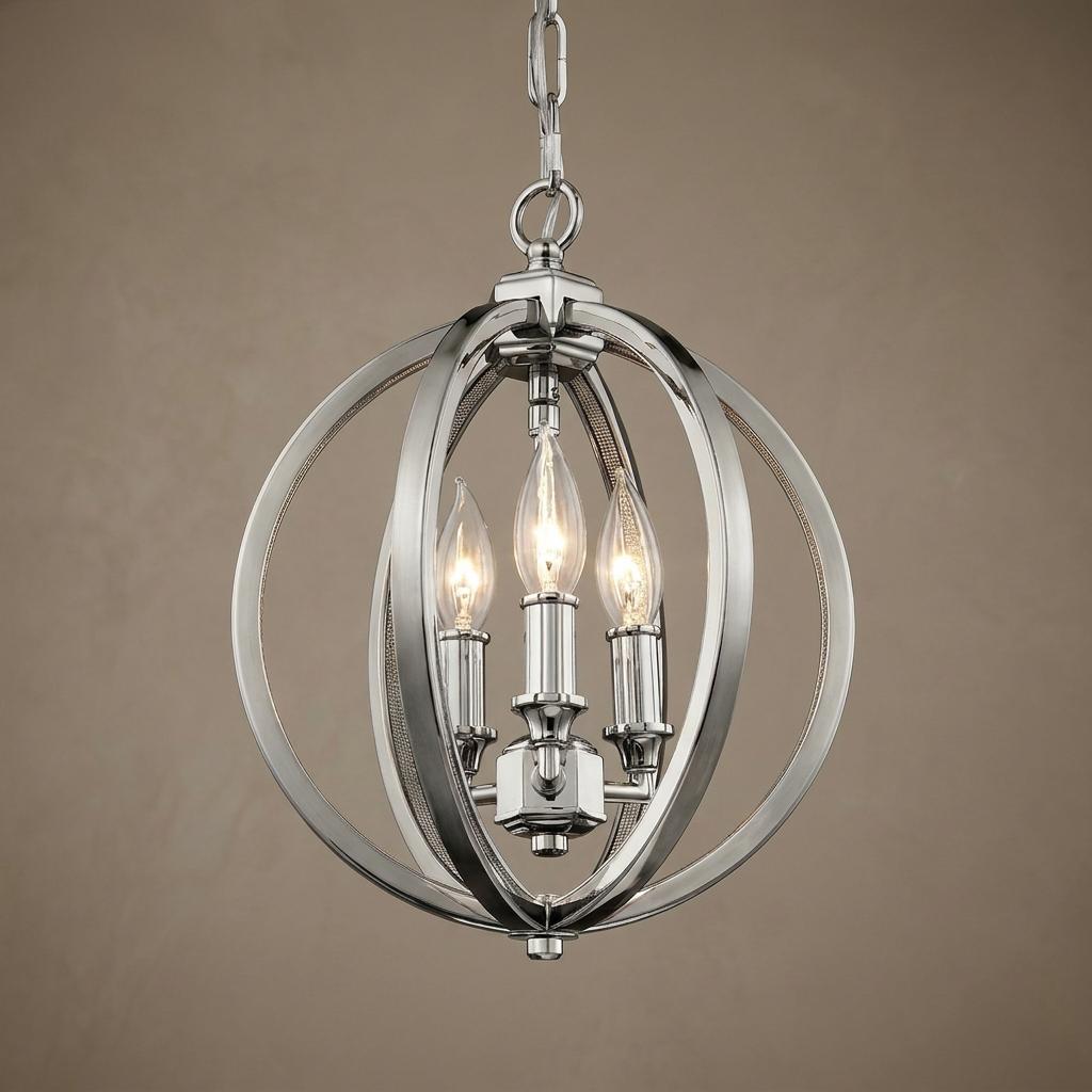 Polished nickel orb pendant light with three candle bulbs and textured metal rings.