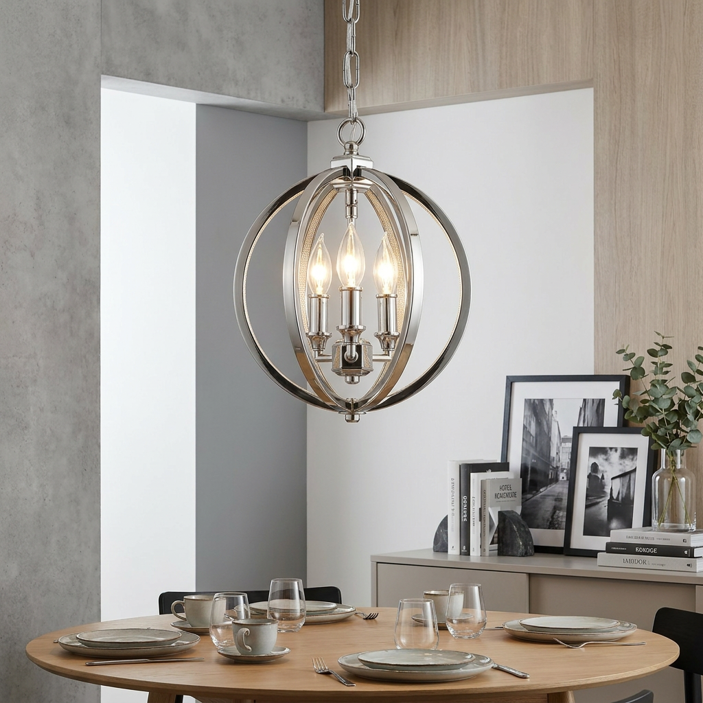 Polished nickel orb pendant light with three candle bulbs hangs above a dining table in a contemporary setting.